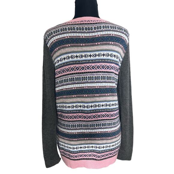Talbots Gray and Pink Fair Isle Crew Neck Lambswool Blend Sweater Size MP - Picture 2 of 6